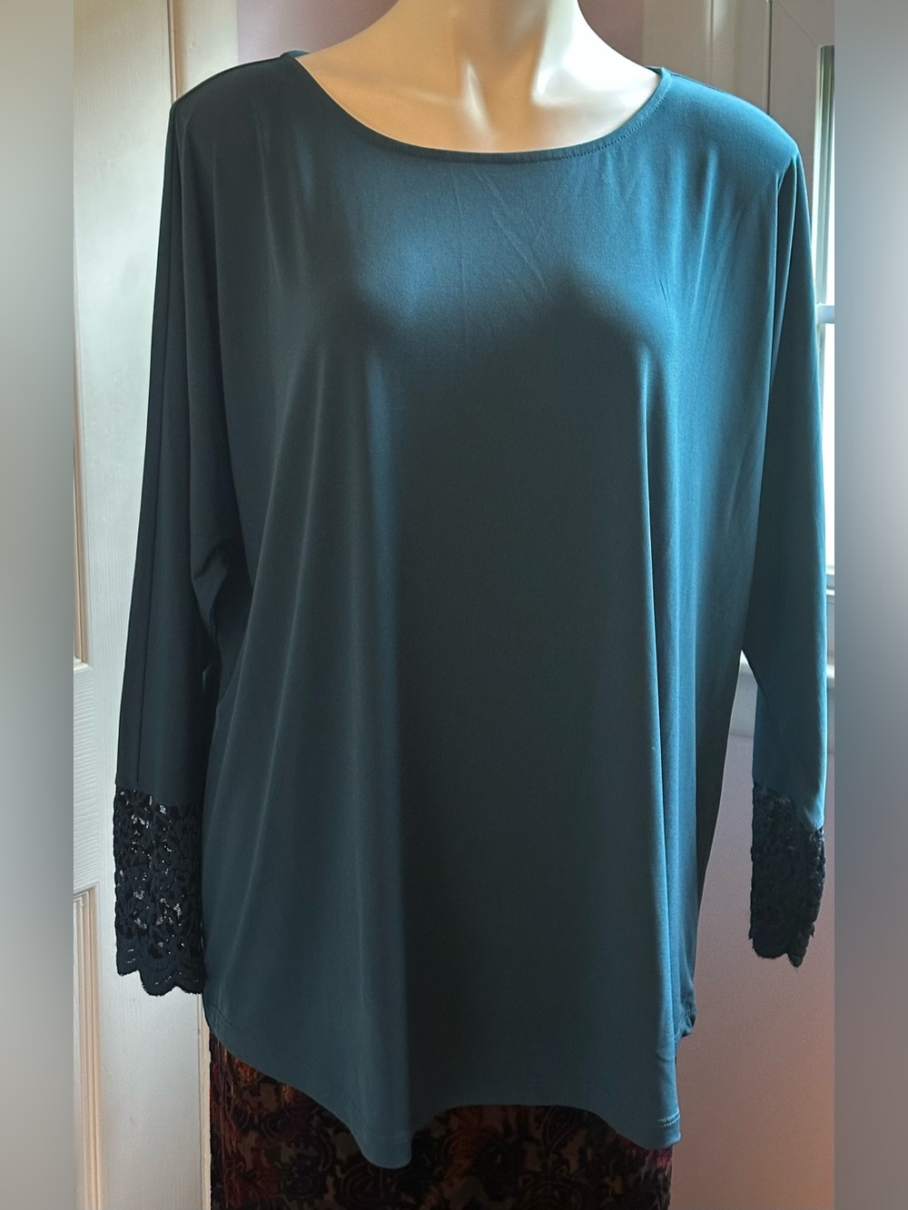 Susan Graver Teal Long-Sleeve Top with Black Lace Cuffs